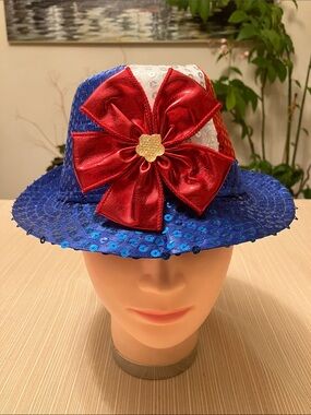 Patriotic Sequin Fedora with Red Flower Accent